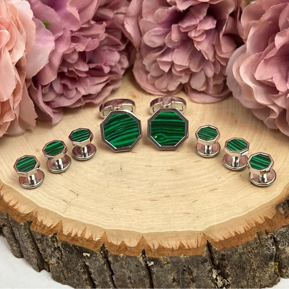 Stunning Green Malachite Silver Octagon Cufflinks Tuxedo Studs Formal 8 Pcs Set - Picture 4 of 16